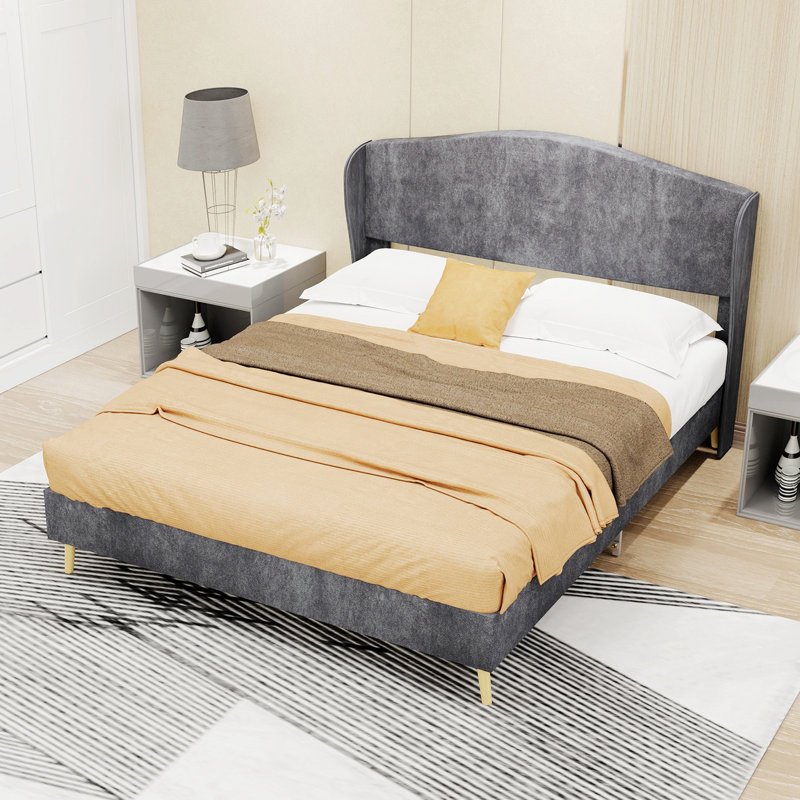 Upholstered Bed For Bedroom, Lit double, Gray