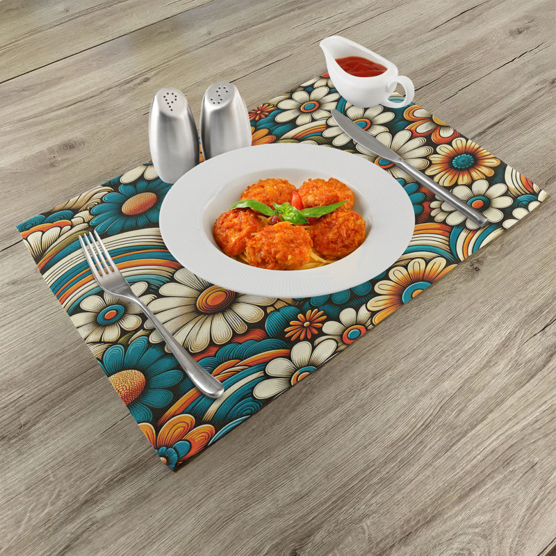 Groovy Floral Orange Teal Ivory Polyester Rectangle Placemats Set of 4