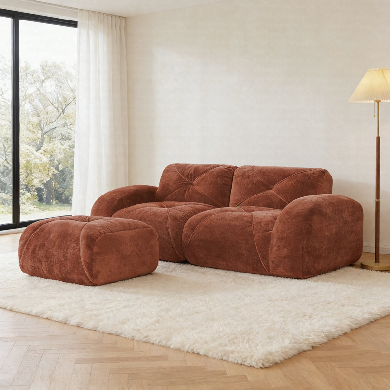 Canapé 2 places à dossier nu avec repose-pieds mobile, causeuse en velours capitonné avec mousse haute densité, canapé modulaire sans assemblage pour salon et appartement
