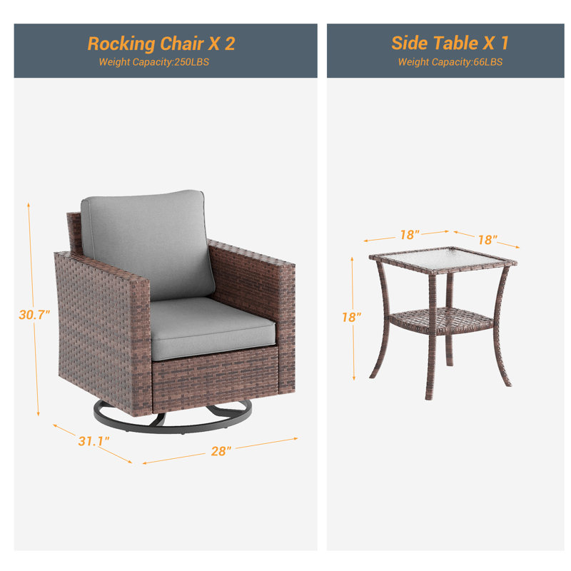 Ensemble de meubles de patio en osier de rotin PE 3 pièces Murielle avec chaises berçantes et table d'appoint, ensemble de conversation extérieur toutes saisons pour terrasse