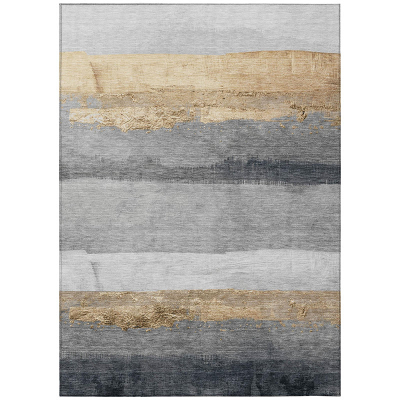 Tapis intérieur/extérieur lavable à rayures dorées et grises de 2,44 m x 3,05 m