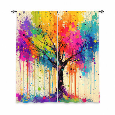 2Pcs Vivid Tree of Life curtains, light filtering fabric, vibrant splatter paint pattern, sunshade and privacy protection, rod-pocket design, suitable for living room, bedroom, balcony, kitchen home decor