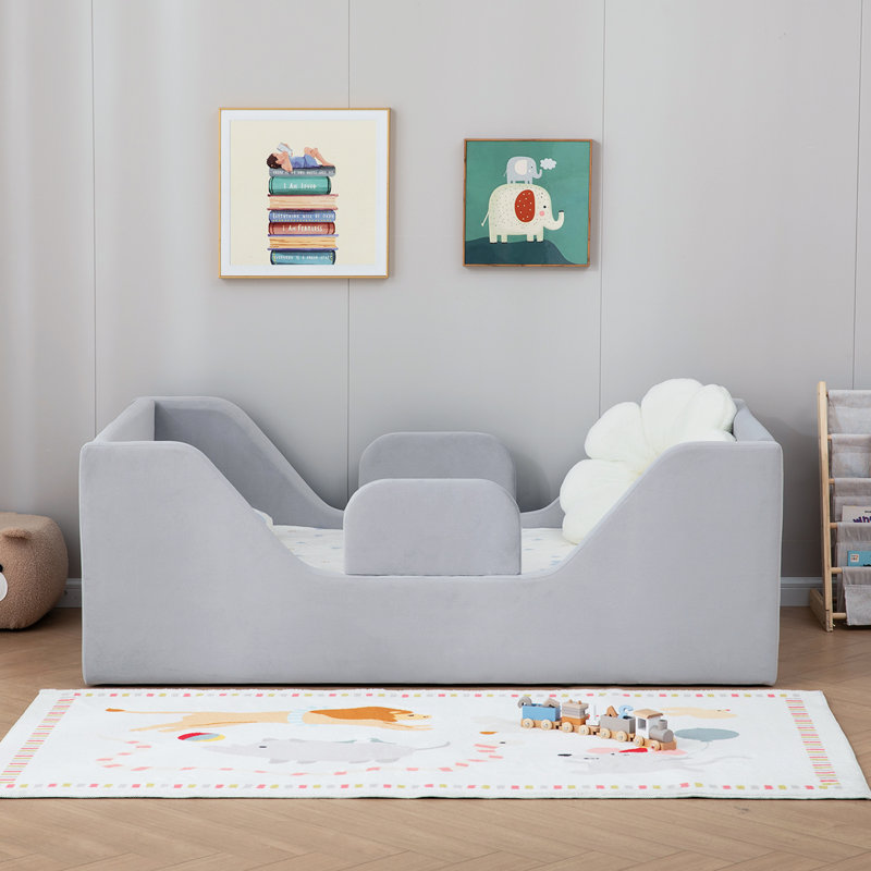 Lit pour tout-petits avec rails de sécurité amovibles et sac de rangement, lit pour enfants pour fille et garçon, lit de bébé standard, lits d'enfant rembourrés de sécurité, conception à plancher bas