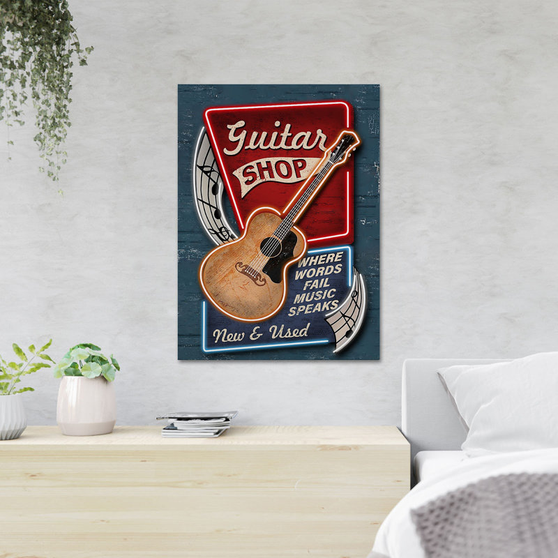 «Guitare sur fond bleu - Traduction libre où la musique échoue - 1 pièce, reproduction d'art graphique sur toile tendue