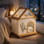 Niche pour chien en bois de cèdre floral sculpté à la main avec coussin 