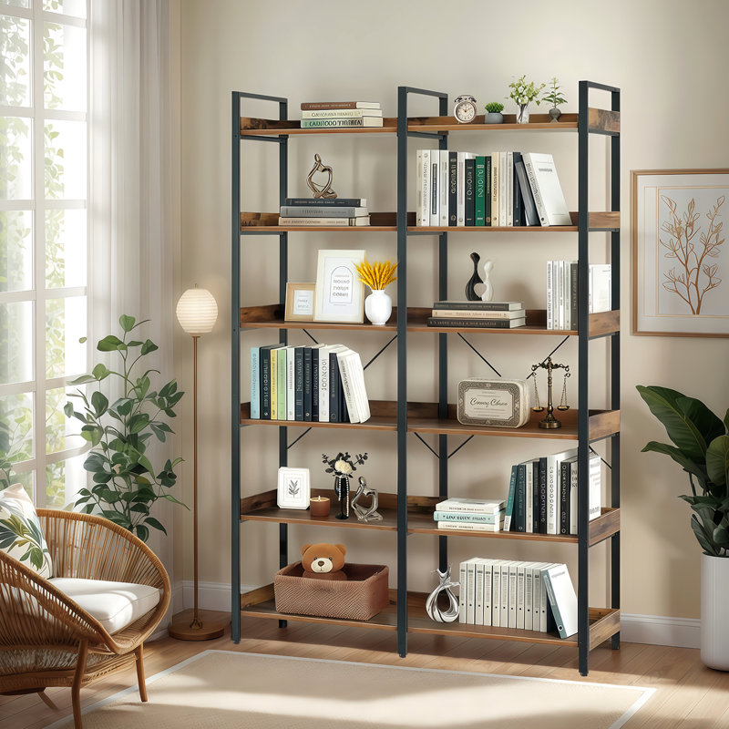 67" 6 Open Shelf Bookcase, Freestanding Metal Frame, Bedroom, Living Room, Office Storage, Brown And Black Design, Edge Guards, - Rust Coating Frame Shelves, Office, Black, Easy To Clean