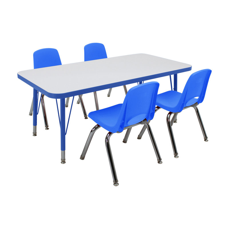 Ensemble de 5 tables d'activités rectangulaires effaçables à sec 24 "x 48" avec pieds standards et chaises empilables 12 "avec glissières pivotantes - tableau blanc / bleu