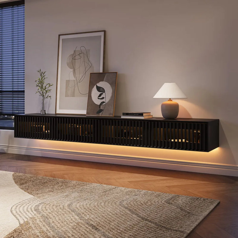 Meuble télé moderne avec lumière DEL, H 11,02 po x L 94,49 po x l 15,75 po, Noir