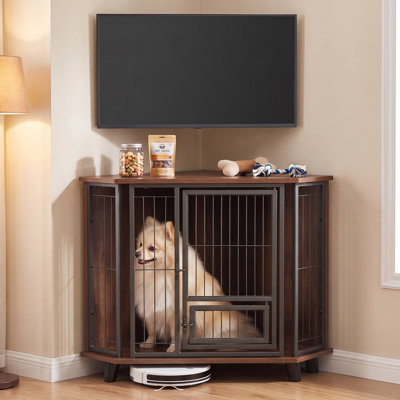 Cage de coin pour chien avec double porte, niche en bois style table d'appoint avec plateau en bois épais pour petits chiens et chats