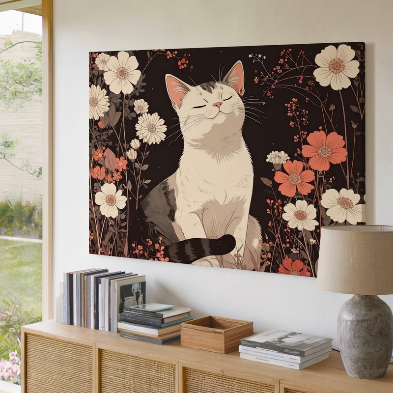 Illustration murale stylisée d'un chat blanc avec des yeux fermés et une expression de contenu calme, prête à être accrochée