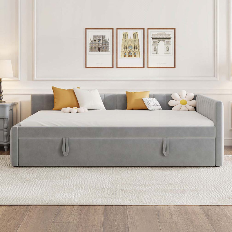 Upholstered L-Shaped Daybed with Pop Up Trundle, Gray