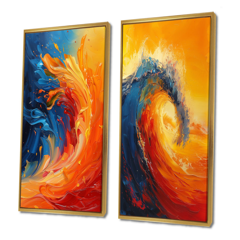 Ensemble de 2 pièces d'art mural orange et bleu abstrait - vagues côtières, H 28 po x l 24 po, Impression encadrée, Doré
