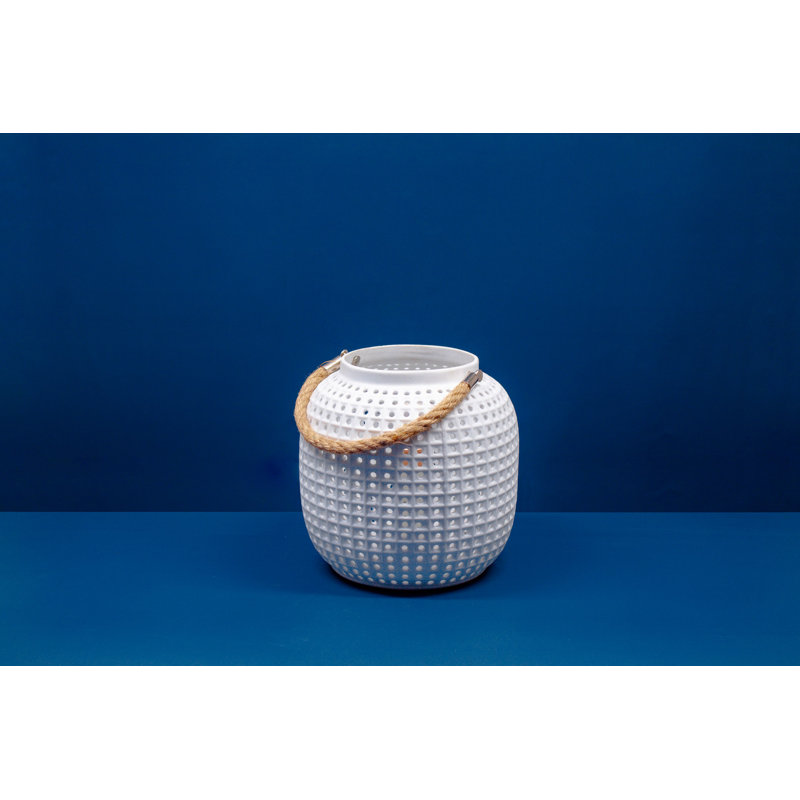 Lantern Porcelain Table Lamp- Dark Ceramic Light with Asian Inspired Cutouts, White