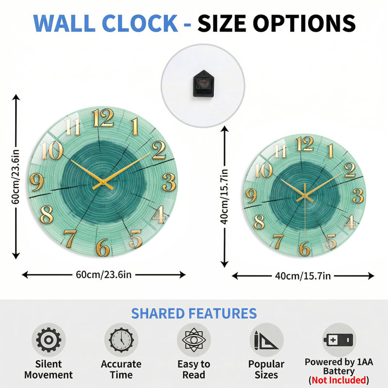 Horloge murale en verre, 60 x 60 cm (23,6 x 23,6 pouces)
