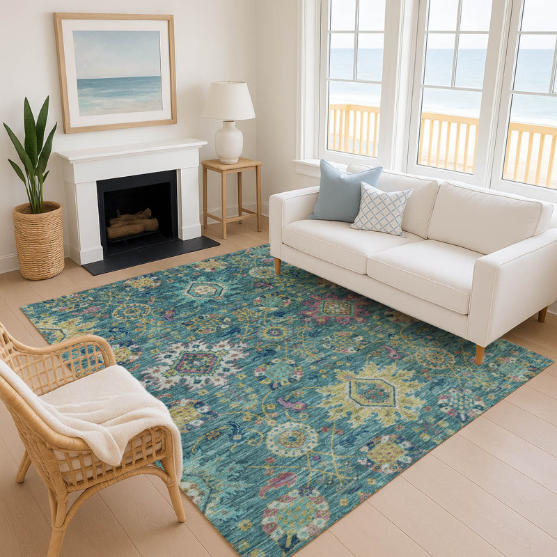 Premium Machine Washable Mayfield AMF2151 medallions Rug, Teal, Rectangle 8' x 10'