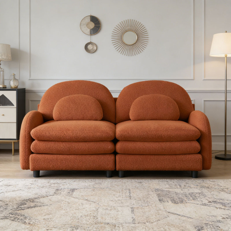 Teddy Fabric Cloud Sofa,Curved Backrest and Armrest with Curved Lumbar Pillows, Orange+2Seat
