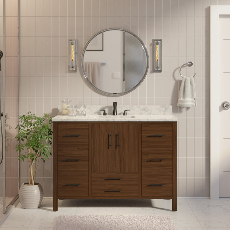 Kiara 48'' Single Bathroom Vanity with Top, Walnut , Carrara Marble