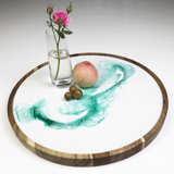Round Decorative Serving Tray Acacia Wood Epoxy Resin Pattern Decor