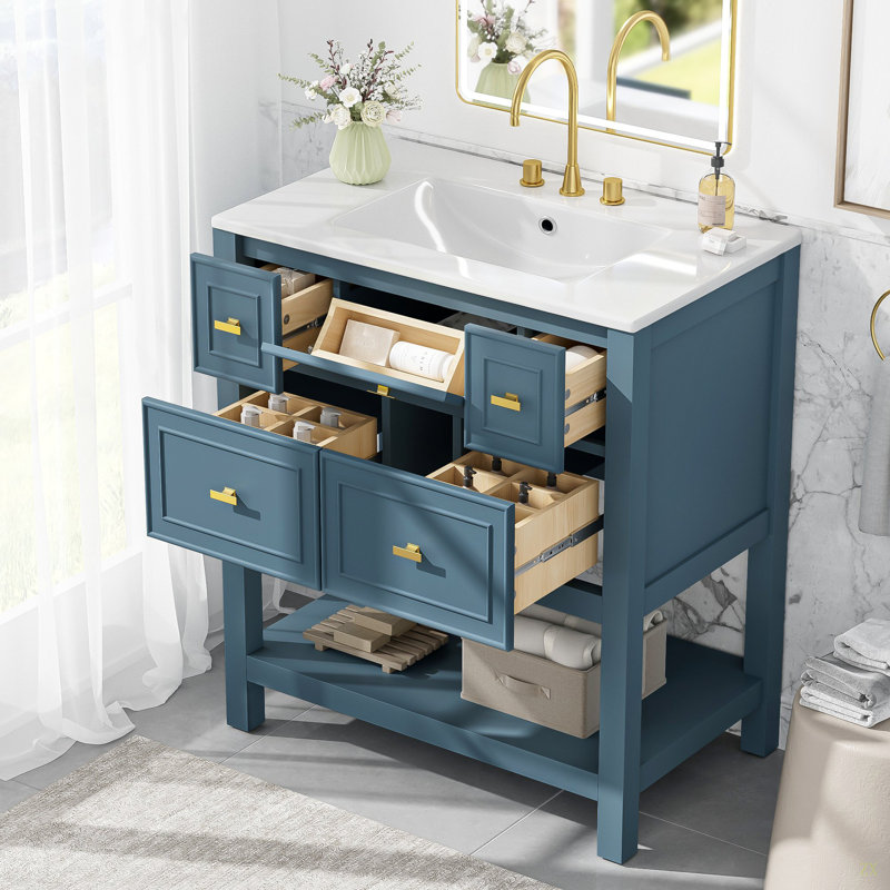 Ensemble de meuble-lavabo simple 30 po avec lavabo en céramique Combofree, Bleu