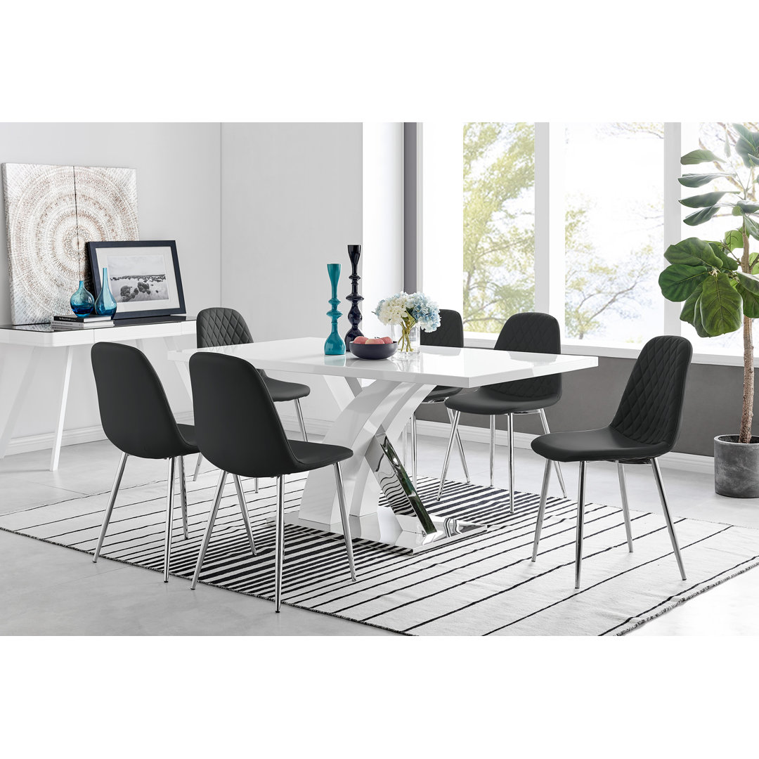 Edzard Chrome & White High Gloss Dining Table Set with 6 Luxury Faux Leather Dining Chairs East Urban Home Chair 
