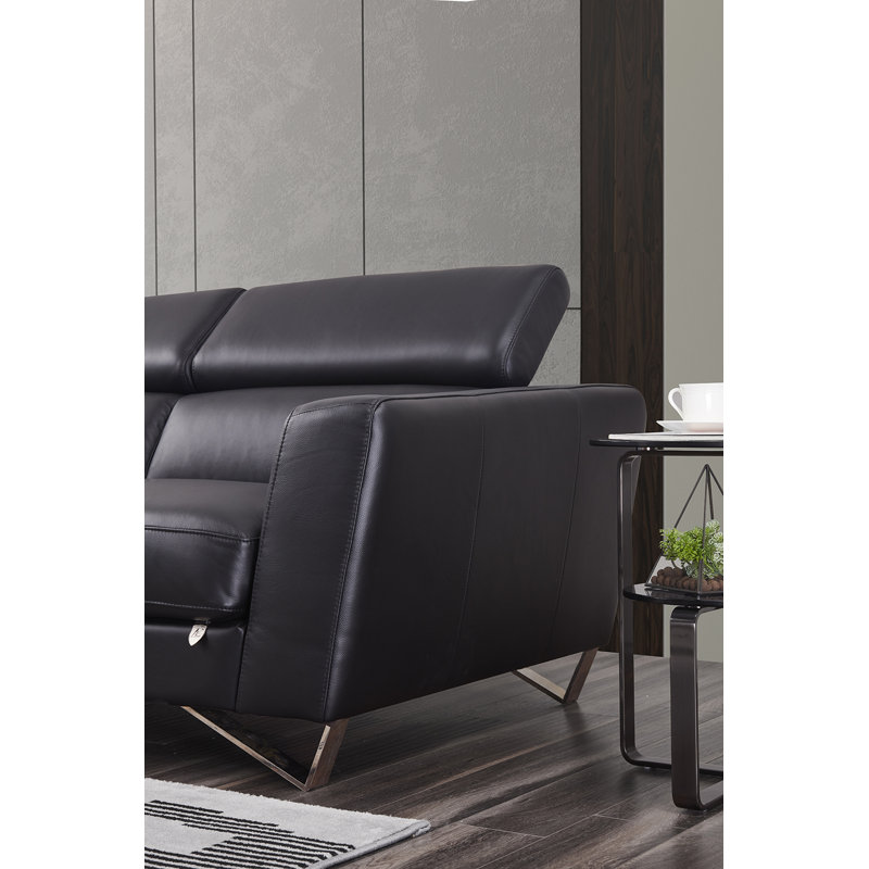 Black Genuine Leather Right Sitting Sectional with Stainless Steel Legs