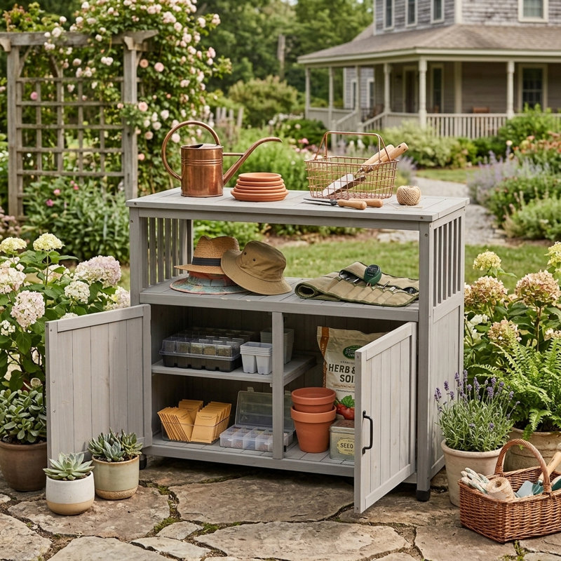 Table de patio d'extérieur en bois de sapin avec rangement - Buffet d'extérieur rectangulaire et console pour terrasse, jardin ou intérieur