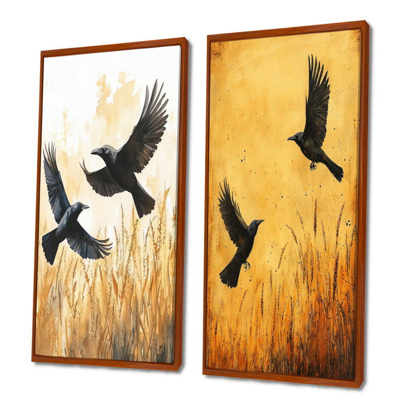 «Dark Crows In The Cornfield III», art mural animaux 2 pièces, H 32 po x l 33 po, Cadre flottant brun