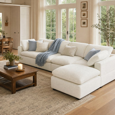 Amiyiah 142 Inch Upholstered L-shaped Soft Cloud Couch Sectional With Ottoman, Beige Polyester