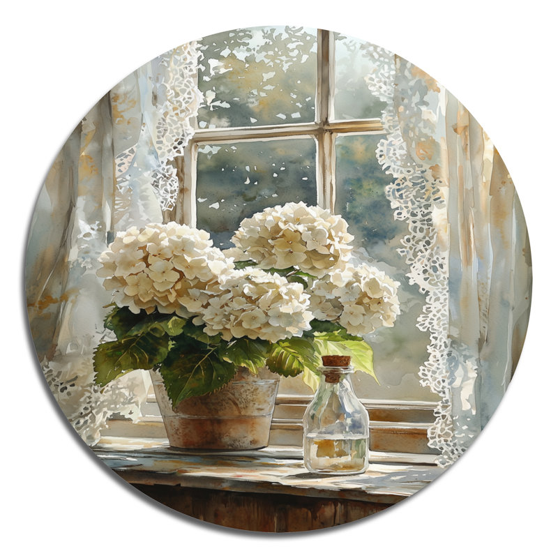 Hortensias fermiers et rideaux en dentelle II - Hydrangées, décoration murale ronde en métal, H 23 po x l 23 po