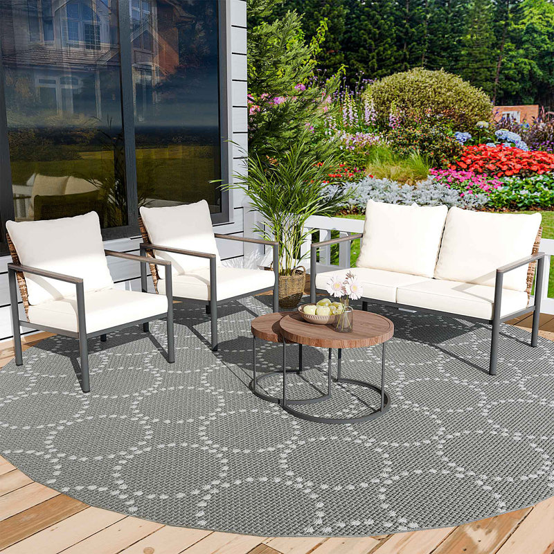 4 Pieces Outdoor Patio Conversation Set, Loveseat sofa and Two Single-Seater Chairs with PE Wicker Backrest, Powder-Coated Aluminum Frame, Wood-Grain Arms and Thick Cushions & Coffee Tables