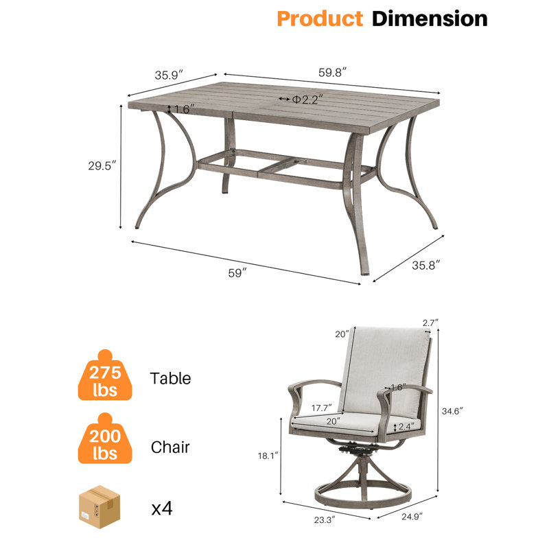 Seehill Patio Swivel Dining Set, Aluminum Outdoor Dining Set With Umbrella Hole, Patio Dining Furniture With Cushions, Outdoor Table And Swivel Chairs For Deck Garden Yard