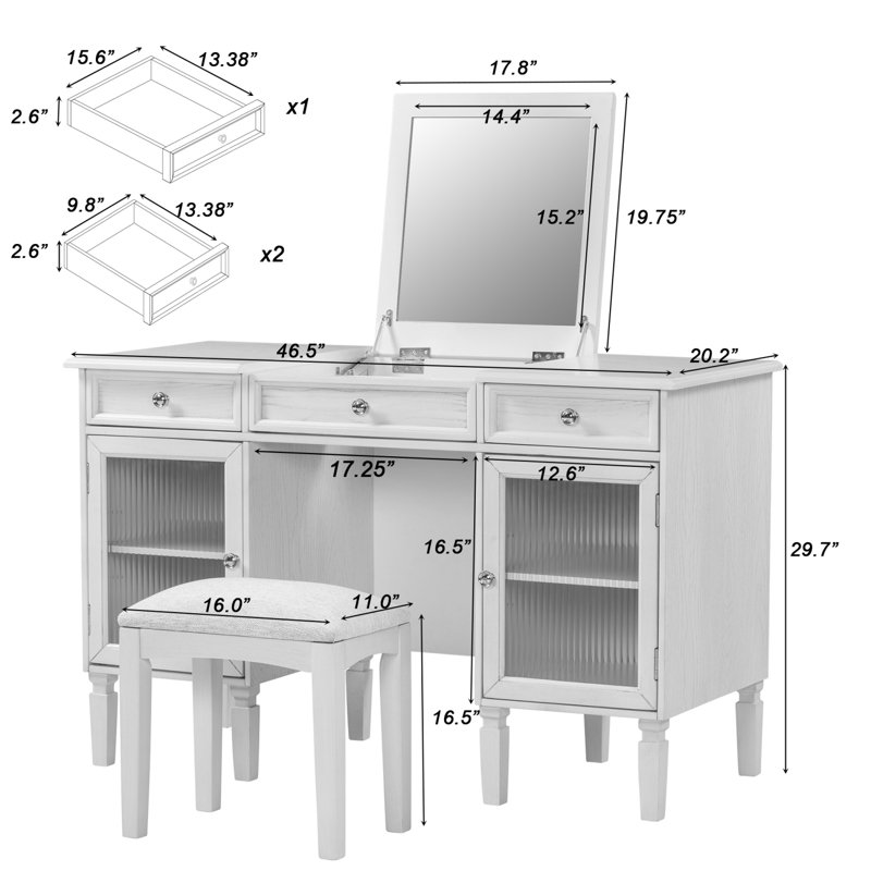 Meuble-lavabo 2 en 1 avec miroir rabattable et grand rangement pour le maquillage et le bureau