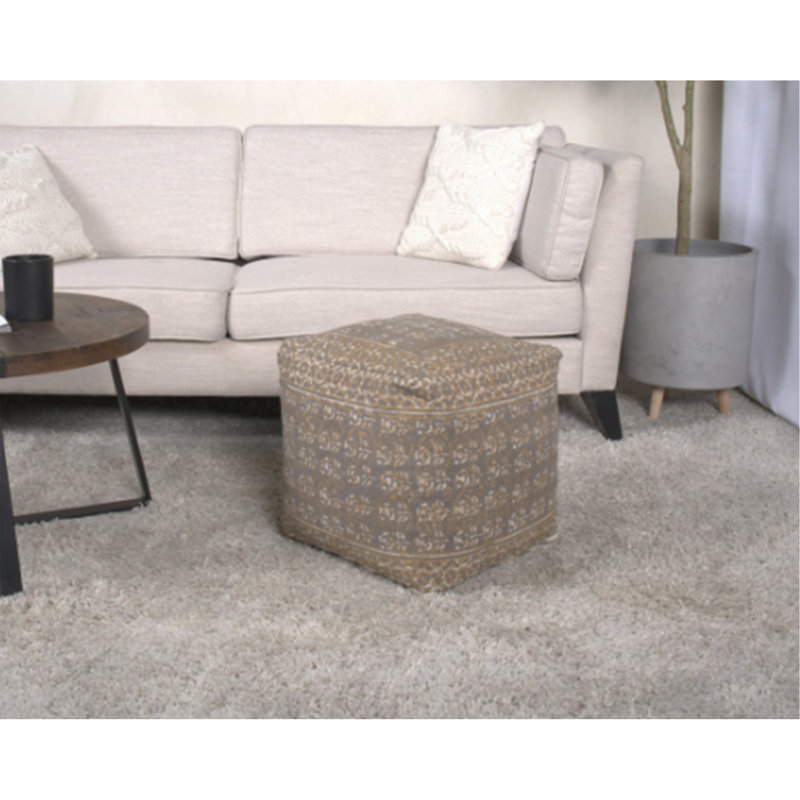Ceasar Handcrafted Square Pouf, Taupe And Gold