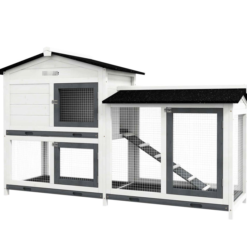 62" Wooden Small Animal Enclosure, White With Run, Removable Tray, Lockable Doors, Asphalt Roofed Rabbit 62", Colour, Spacious For Animals, Run