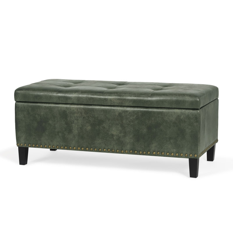 Upholstered Ottoman, Dark Green Faux Leather