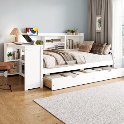 Lit de jour d'angle simple avec tiroirs de rangement, bureau, port de charge et bibliothèque, cadre de lit en bois multifonctionnel pour la chambre, lit de jour peu encombrant, aucun sommier nécessaire