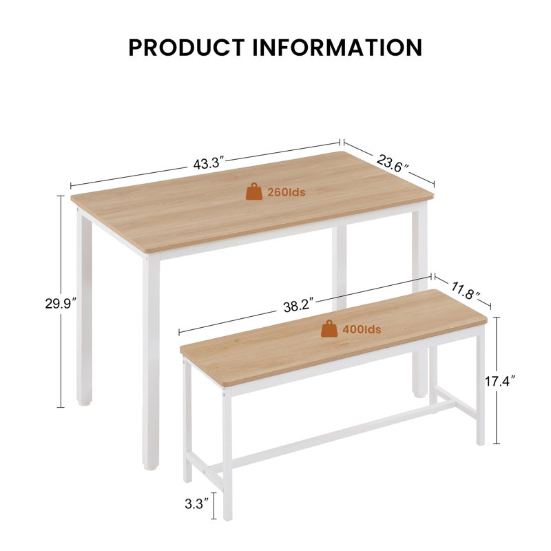 Ensemble de table de salle à manger pour 4 personnes, ensemble de table de salle à manger avec 2 bancs, ensemble de chaises de salle à manger 3 pièces pour coin-repas