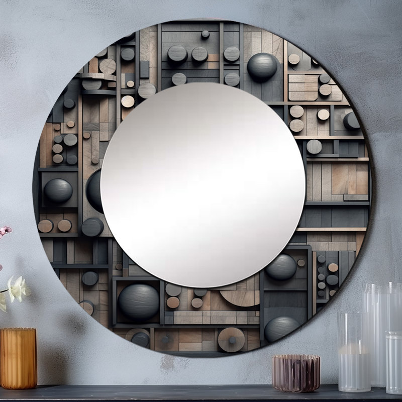 Cubic Geometric Dreams II - miroir unique cubique, grand miroir mural rond moderne, impression d'art en métal, 36 po x 36 po