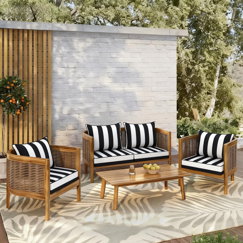28.5 x 28.5 In Patio Furniture Cushions set of 4, Fade Resistant Outdoor Seat Cushions with 4 pairs of Ties, Deep Seat Cushion for Seat Patio Chairs, Rattan Furniture, Wicker Seating, outdoor Adirondack Chair,Black And White Stripes