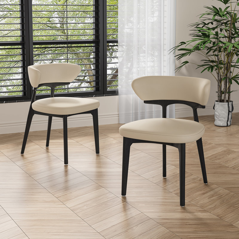 Ensemble de 2 chaises de salle à manger modernes entièrement assemblées, similicuir beige avec pieds en bois massif, Noir