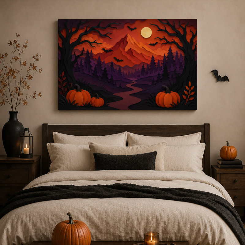 Citrouilles en papier superposées et forêt avec montagnes - Toile murale d'Halloween, H 20 po x l 30 po