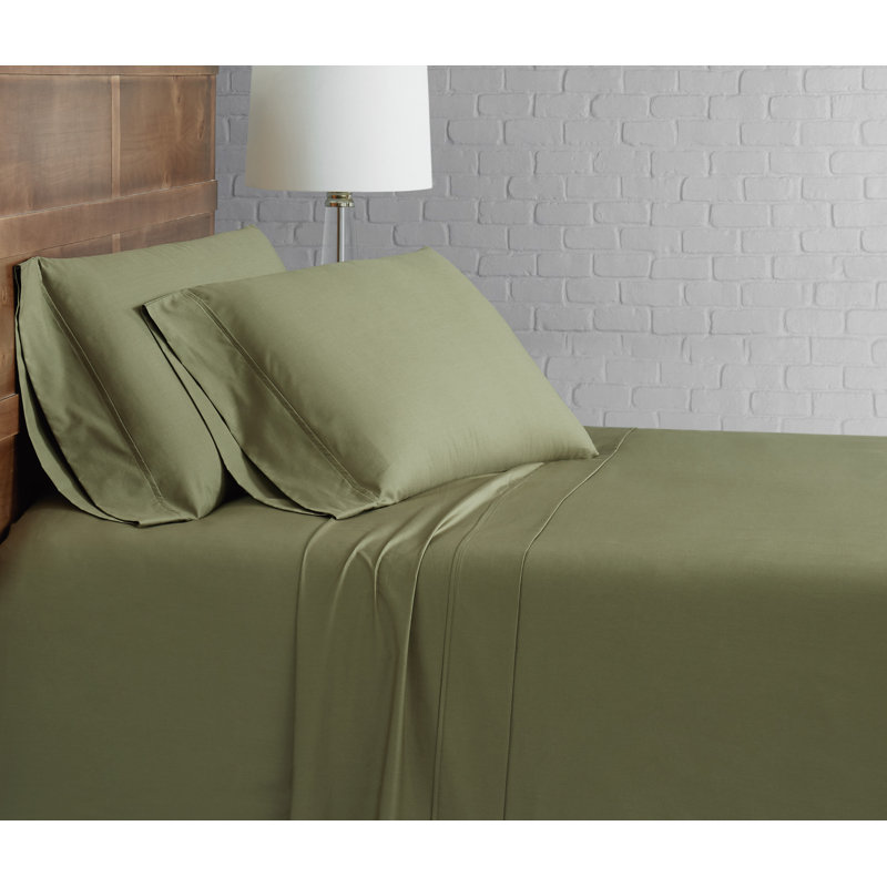 Ensemble de draps 100% coton 200 fils Classic, Ensemble de draps pour grand lit avec 2 taies d'or, Vert olive