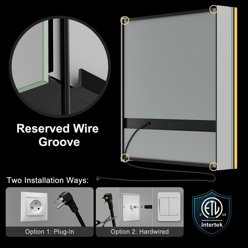 Gold Framed Lighted Medicine Cabinet with Mirror, Recessed/Surface, Plug-in/Hardwired, Outlets+USBs, 3 Colors/Dimmer/Inner Sensor Light/Defog, Right-hinged