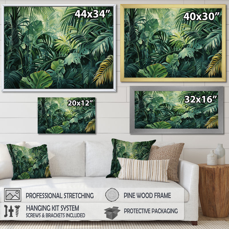«Jade Jungle Thick Jungle Of Palm Trees II», reproduction d'art sur toile de palmiers, 30" H x 40" W, Cadre flottant doré