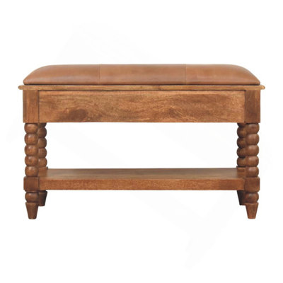 Banc en bois et en cuir, 2 tiroirs, 1 tablette