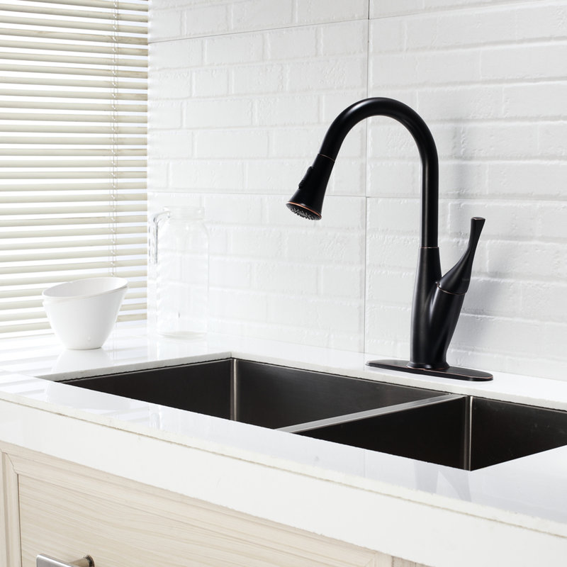 Pull Out Kitchen Faucet In Oil - Rubbed Bronze, Clean And Modern Appearance, Resists Tarnish, Single Handle Control, Nozzle Self Retracting, Sink Or Countertop Mount, Dual Spray Functions Bronze For
