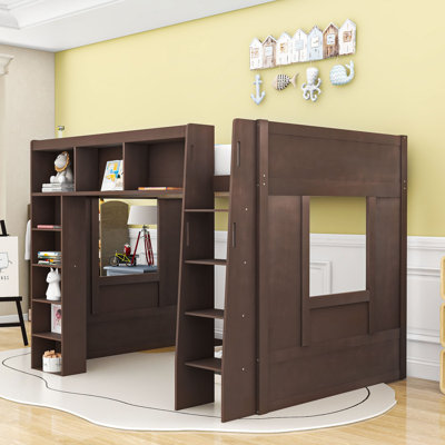 Queen Size Wood Loft Bed With Storage Shelves And Ladder