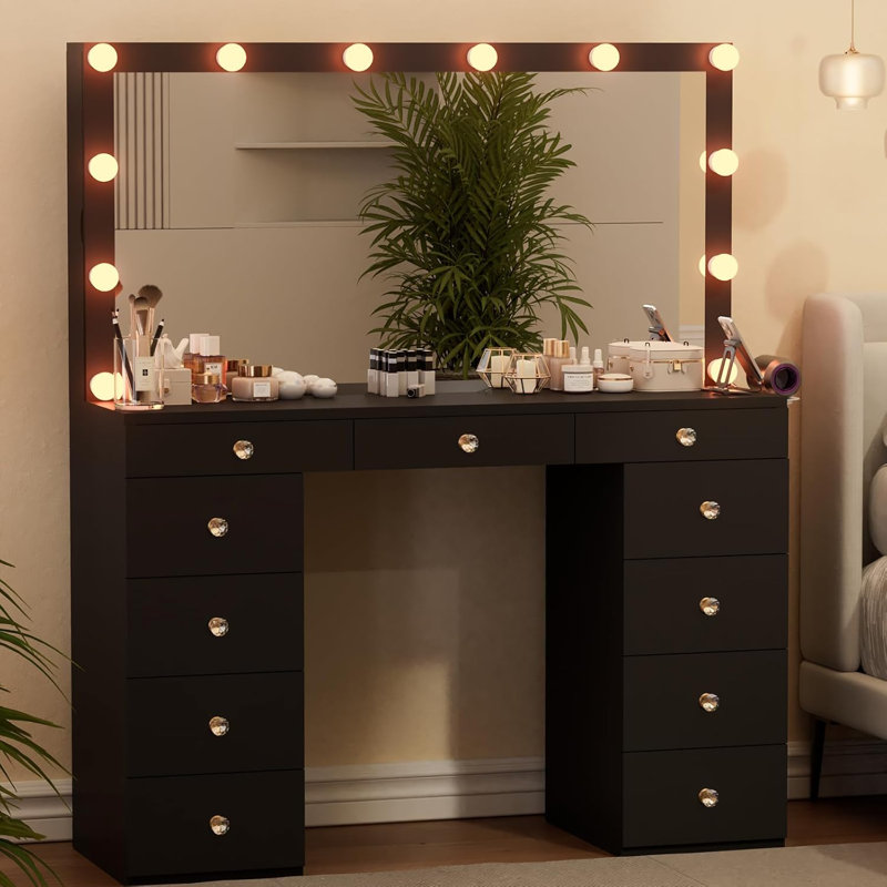 Coiffeuse avec miroir, 11 tiroirs, station de charge, 3 modes d'éclairage, Noir, noir, noir, noir