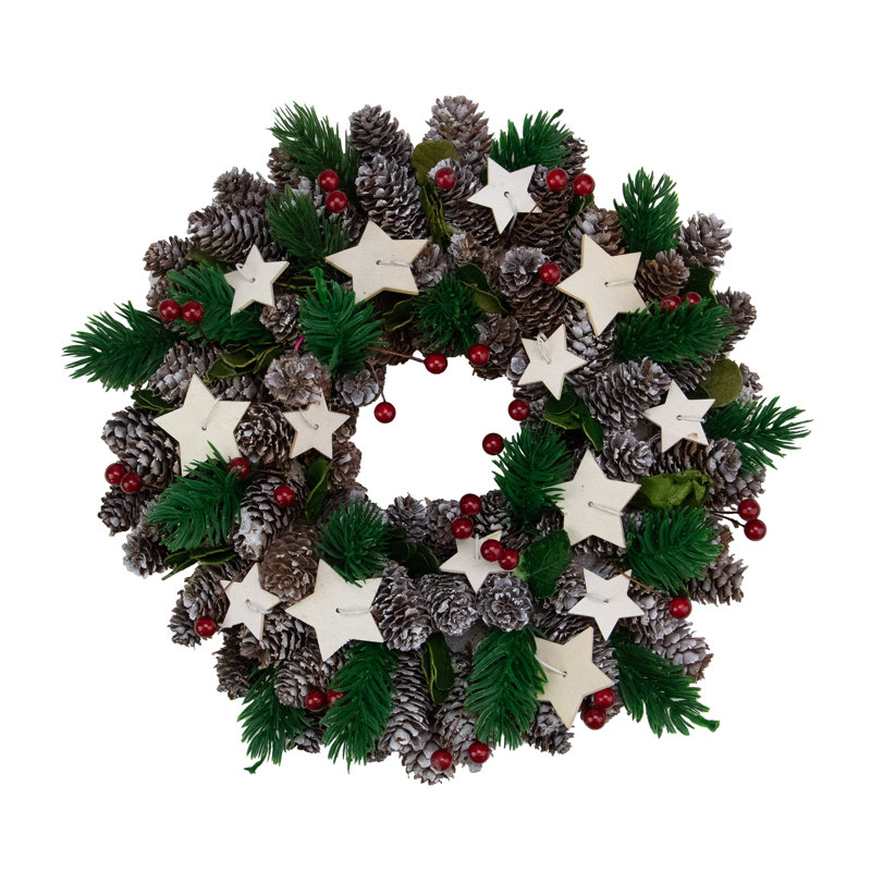 Couronne de pin artificielle pin et baies avec étoiles, H 10,5 po x l 10,5 po x P 8 po