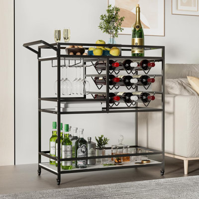 36"H Mirvjena 3 Tier Metal Bar Cart with Wine Rack for Kitchen Living Room Party